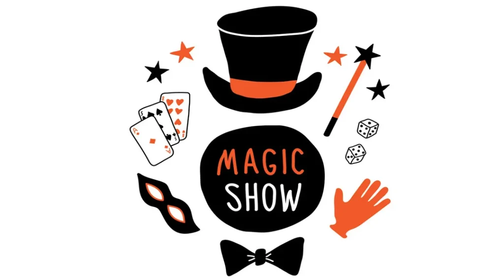 Illustration of a magic show theme with a top hat, magic wand, playing cards, dice, and a mask.